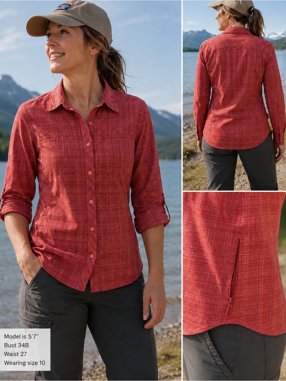 Patagonia Sol Patrol shirt coral red plaid women’s 10 outdoor hiking